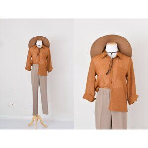 Vintage 90s Tawny Brown Crinkle Polyester  Sheer Blouse size S‎